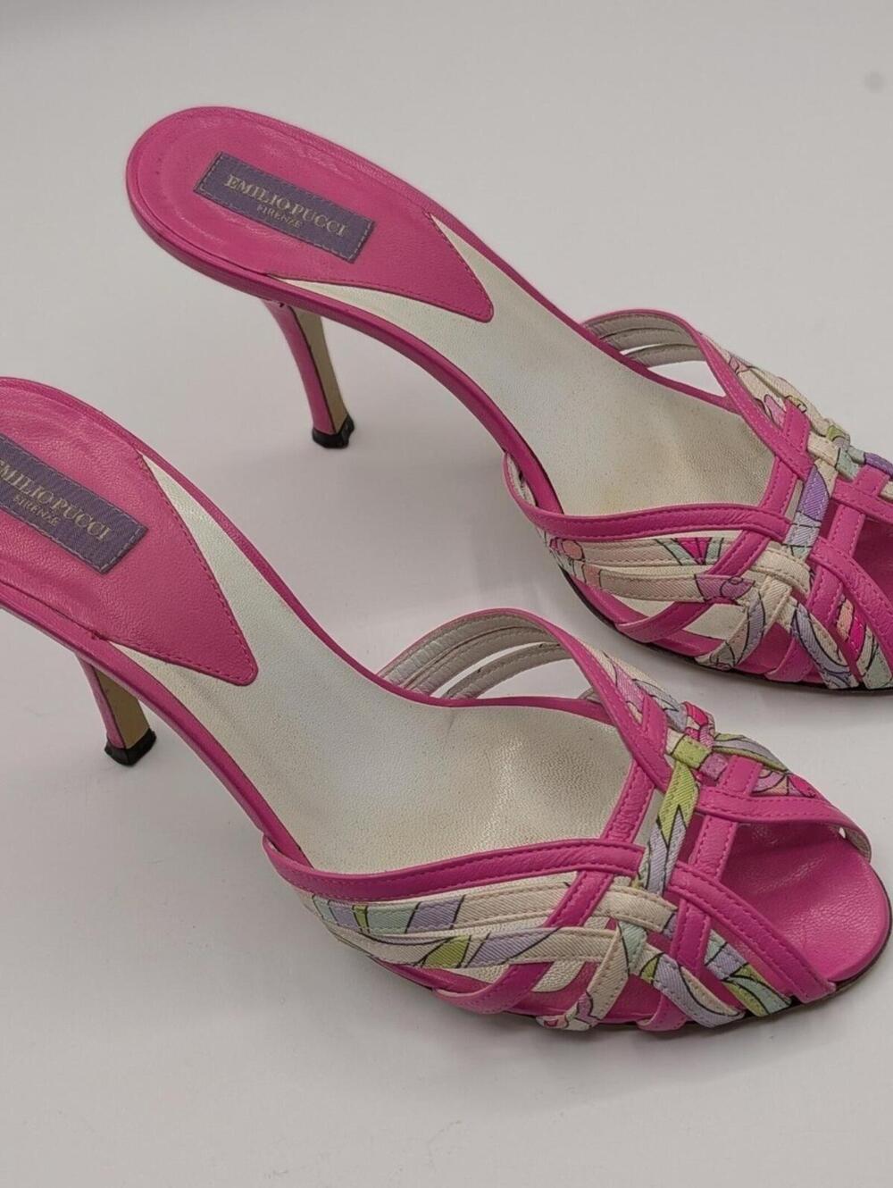 Emilio Pucci 37 EU 6.5 US Pink Leather Floral Kitten Heel Mules Made in Italy - Picture 4 of 13
